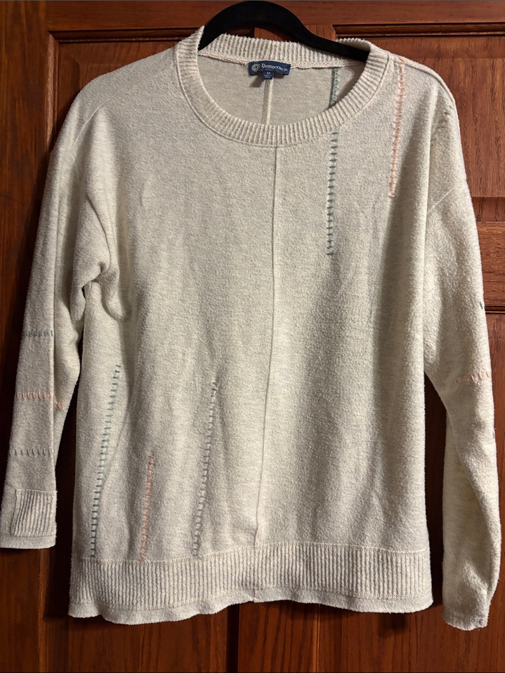 Democracy Cream Crewneck Sweater with Pink and Green Stitch Accents